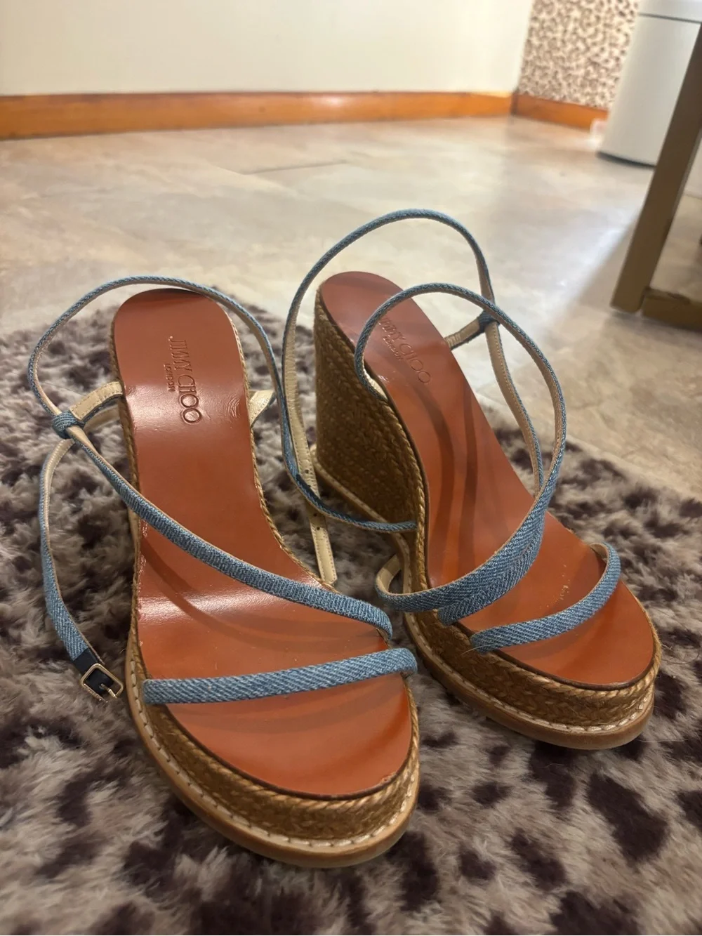 Jimmy Choo Denim Blue Strappy Wedge Sandal with Pink Insole